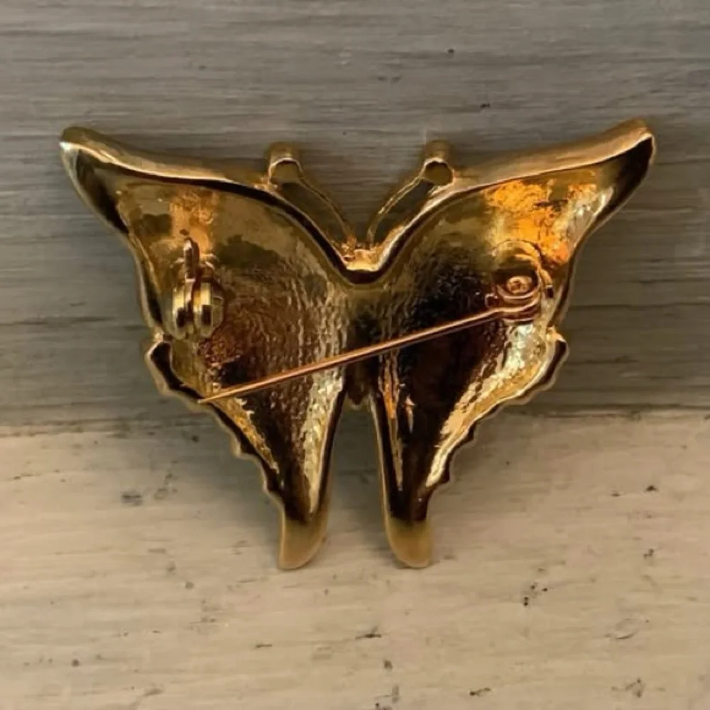Beautiful‎ Green Black Rhinestone Gold Butterfly Brooch Pin Good Condition